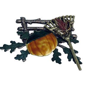 Fall Brass And Gold Tone Pumpkin And Rake Brooch